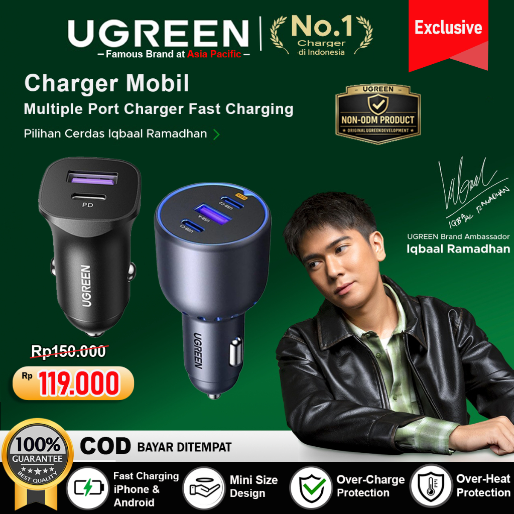 UGREEN Car Charger Mobil PD Type C Fast Charging 30w For iPhone Samsung Xiaomi Oppo Vivo