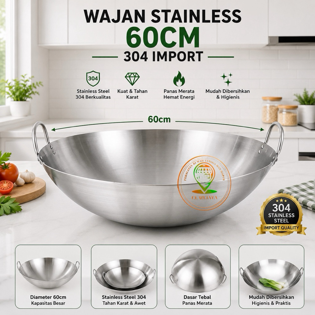 Wajan Tebal Full Stainless Steel 60cm SUS 304/wajan cekung/wajan stainless anti lengket MBG