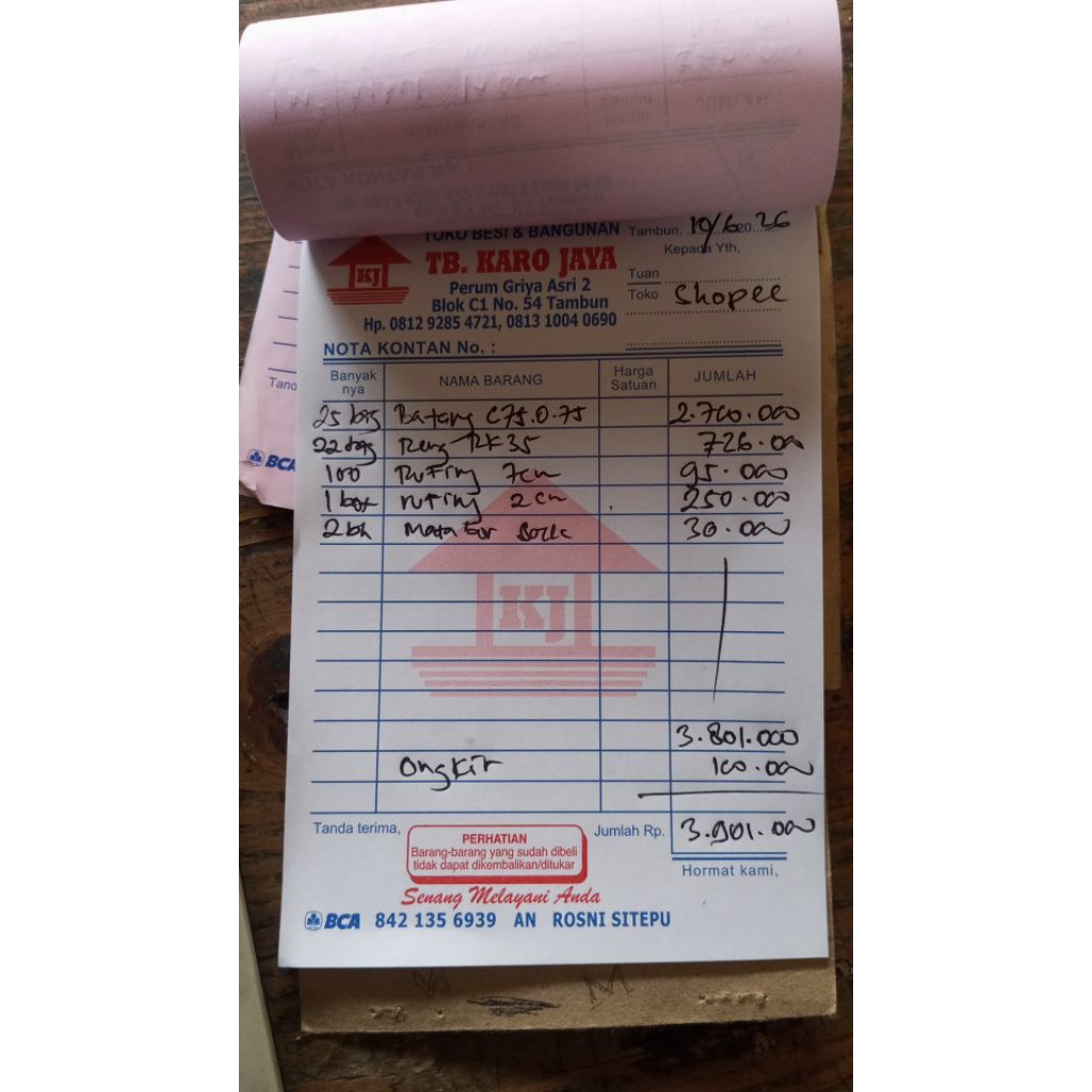 nota pembelian Harapan jaya Bekasi Utara.