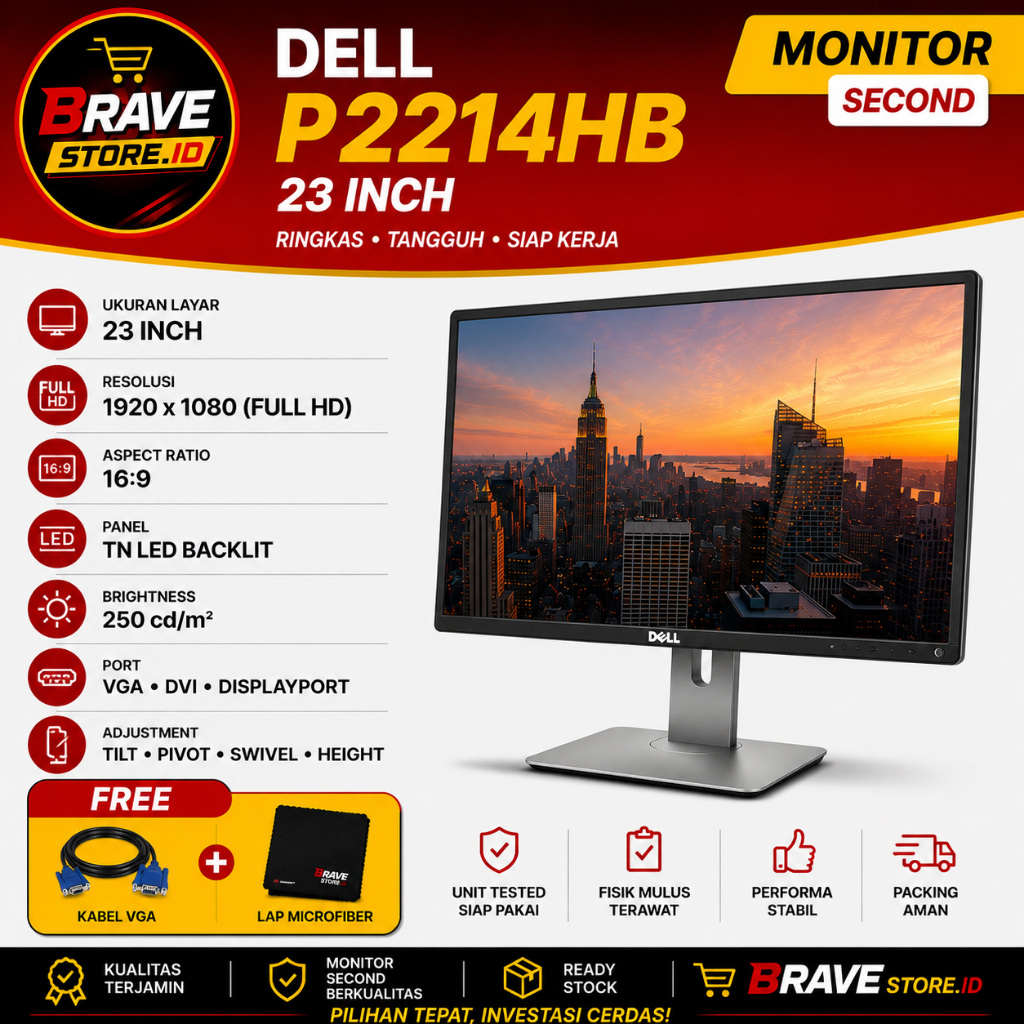 Monitor Dell P2214HB Layar 23 Inc Full HD 1920 x 1080 Mulus Murah dan Bergaransi