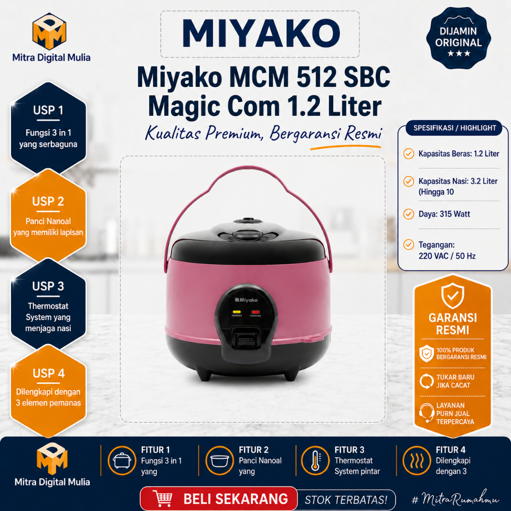 Miyako MCM512CSBC Magic Warmer Plus Rice Cooker 1.2 Liter Panci Nanoal Anti Lengket 3 in 1 Memasak M