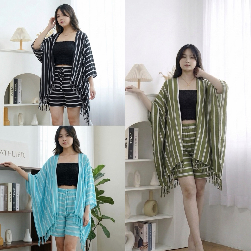 SET PENDEK OUTER MOTIF STRIPE || SETELAN PENDEK BUNGA BALI Rayon Casual