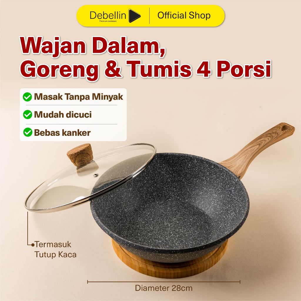 Debellin Asian Wok Pan 28 cm - Grey Granite Cookware Series atau Wajan Anti Lengket Premium