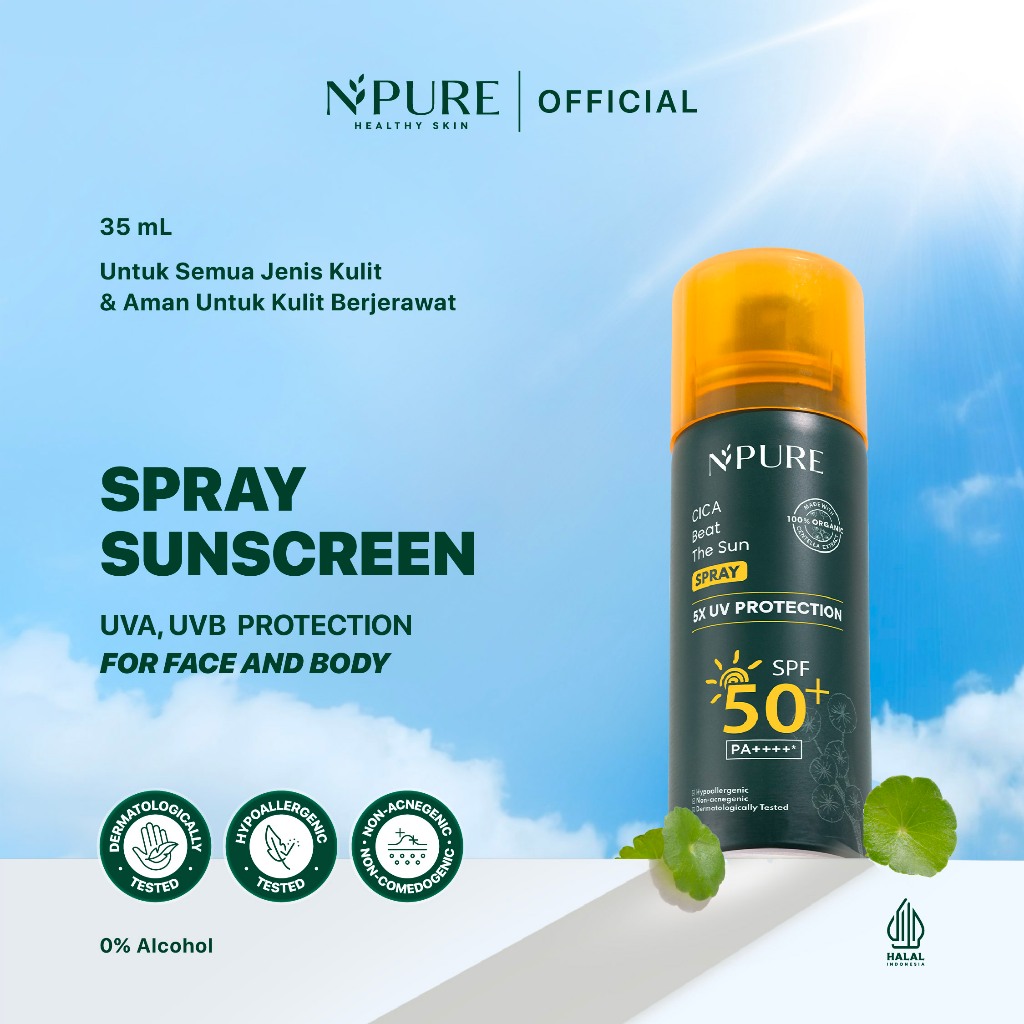 NPURE Sunscreen Spray Cica (Centella) Beat The Sun SPF 50+ PA++++ 50 ml / Outdoor Active Sunscreen / Body Sunscreen / No whitecast / Reapply Sunscreen / Kulit Jerawat / Hypoallergenic / Dermatologically Tested / Non Acnegenic / HALAL