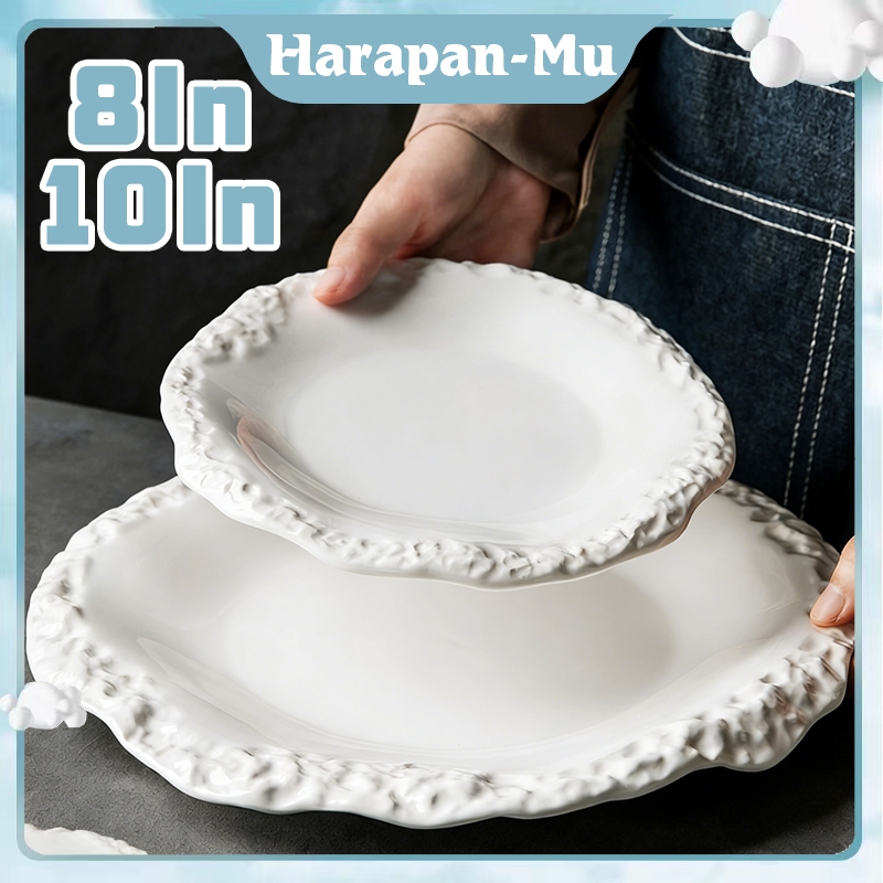 8/10 IN Keramik Aesthetic Putih Kitchenware Tekstur Batuan / Shallow Plate Keramik Ujung Rok Tekstur