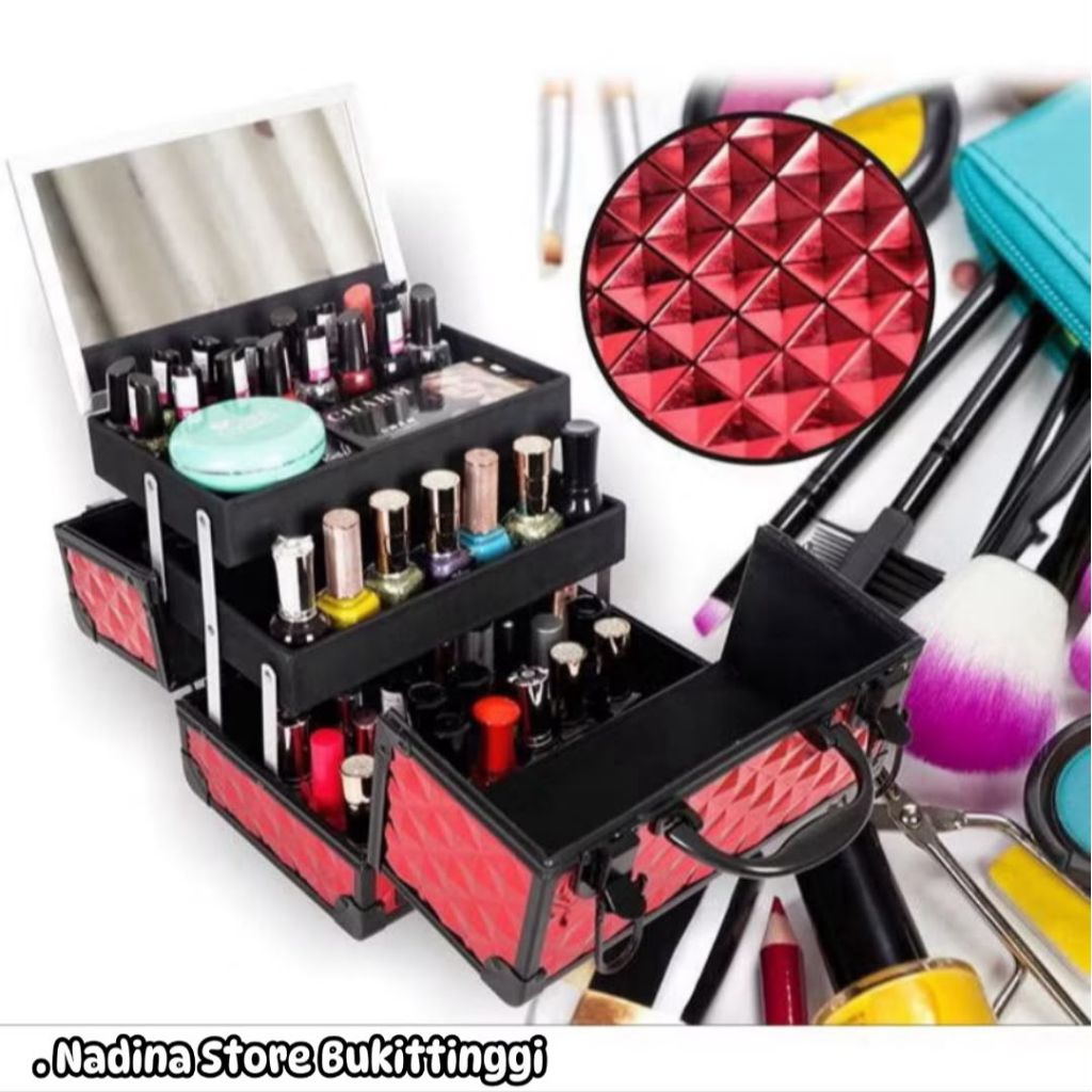 BEAUTY CASE - Tas Makeup Mini Merah Glossy - Koper Makeup Tingkat