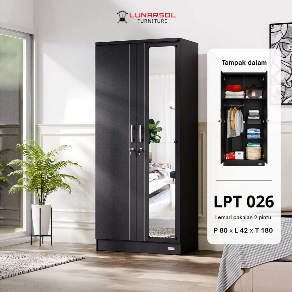 Lemari Pakaian 2 Pintu LPT 026 - Lemari Baju Lunarsol Full Cermin Body & Kunci