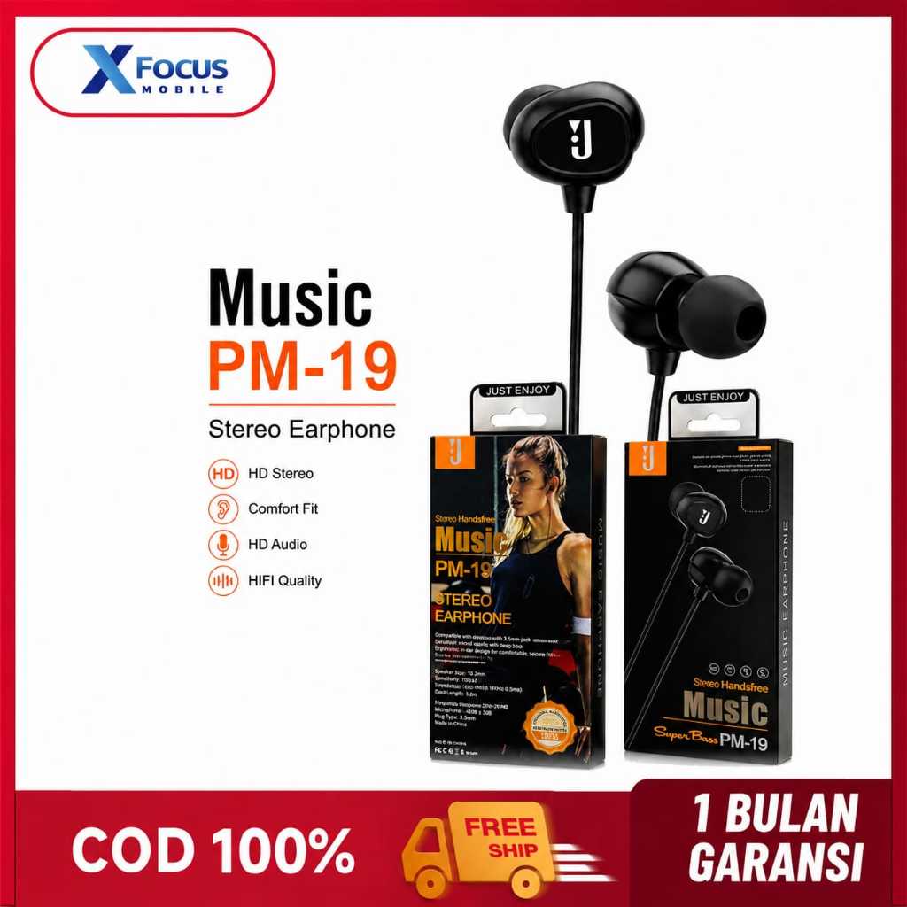 Earphone - Handsfree - Hesdset PM-19 Kualitas ORI Super Bass HF Universal + Mic PM19