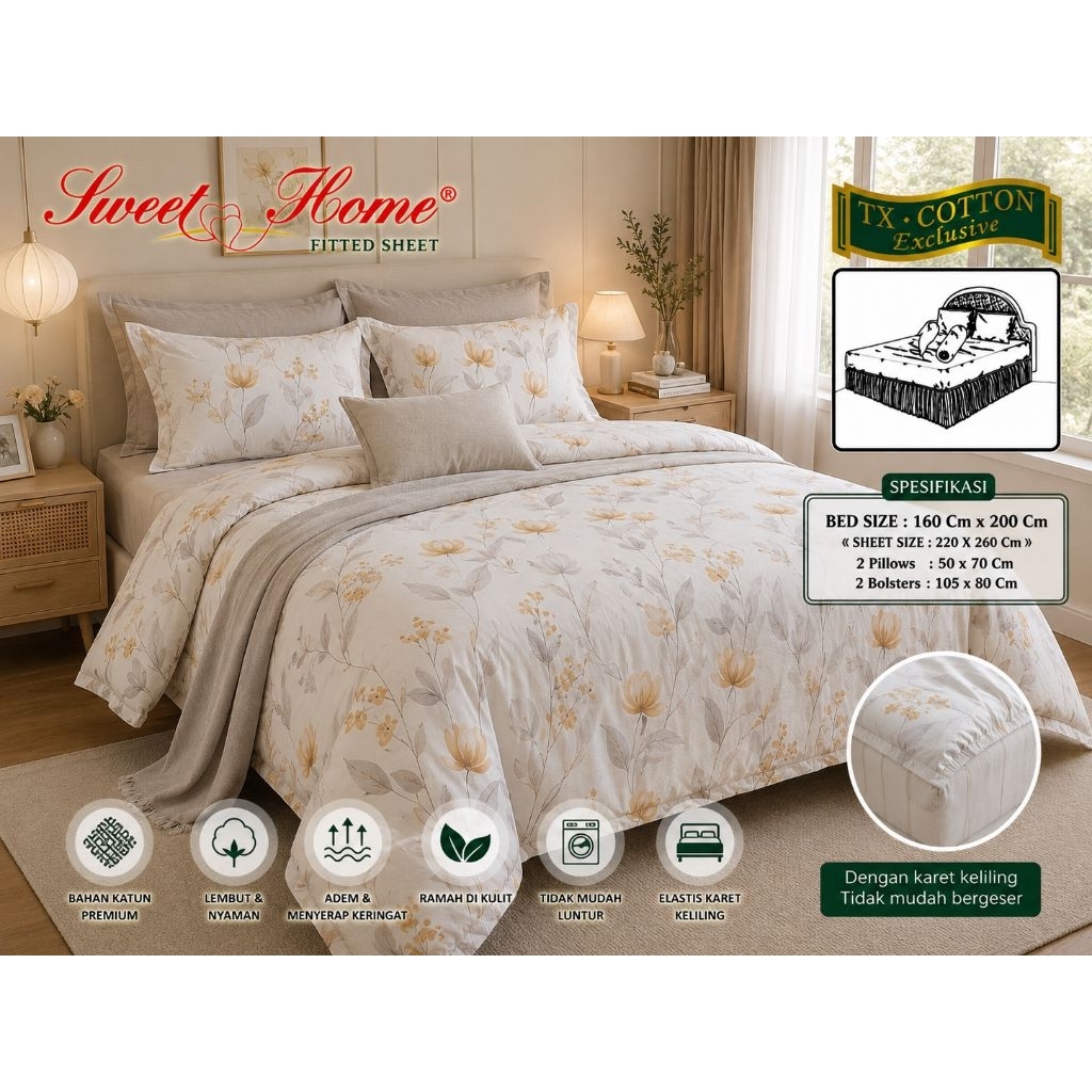 Sweet Home Sprai Karet Bahan TX ukuran 160x200x35cm Motif A