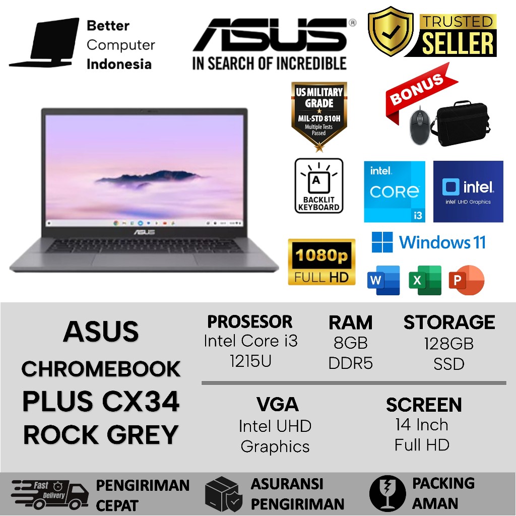 [Windows11] Laptop Asus Chromebook Plus CX34 Intel Core i3 14 Inch Full HD Backlite Grey