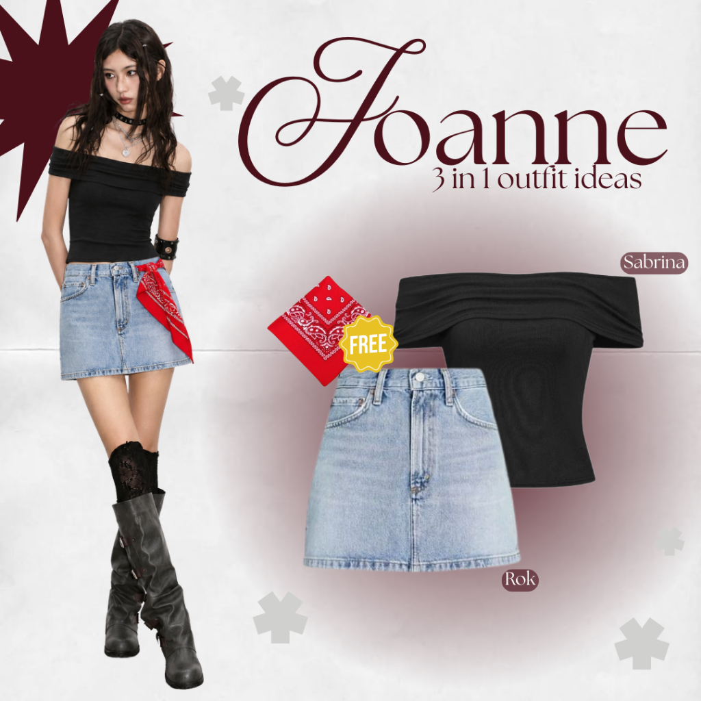 Joanne 3in1 One Set Outfit Yearbook Rockstar Korean Style (Sabrina Hitam, Rok Jeans, Scarf Merah) DR