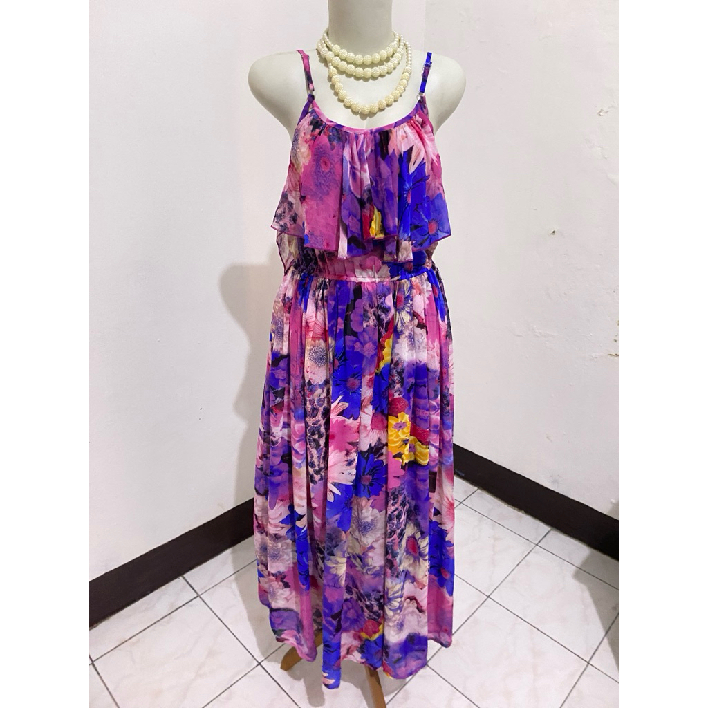 preloved dress sifon tali satu branded - motif bunga pink