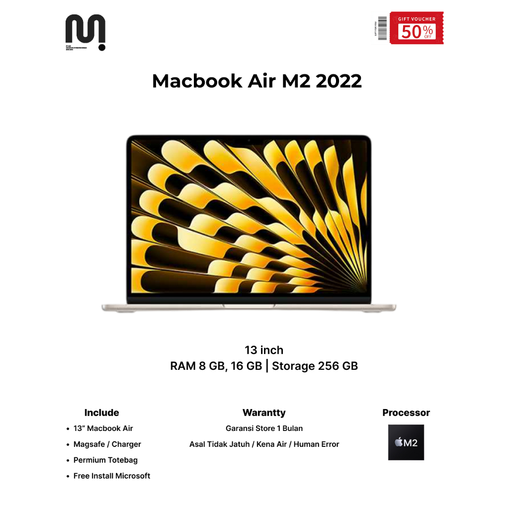Macbook Air 2022 13" RAM 8 GB, 16 GB/ 256 GB, 512 GB Apple M2