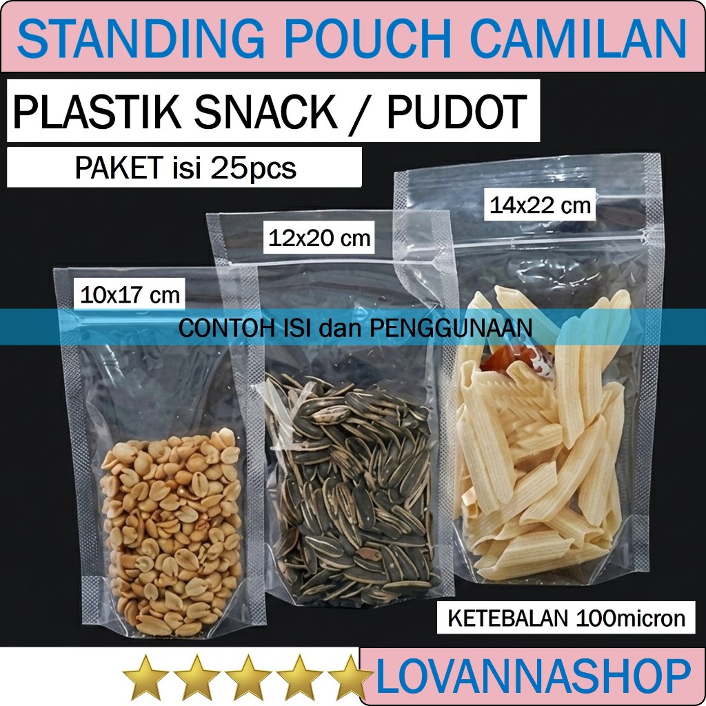 25pcs PLASTIK STANDING POUTCH BENING 10x17 12x20 14x22 wadah snack kacang Pudot puding sedot camilan