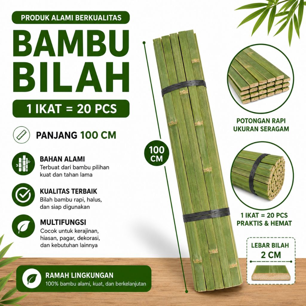 Bambu bilah ukuran PXL 100x2cm 1 ikat 20 pcs bambu serbaguna