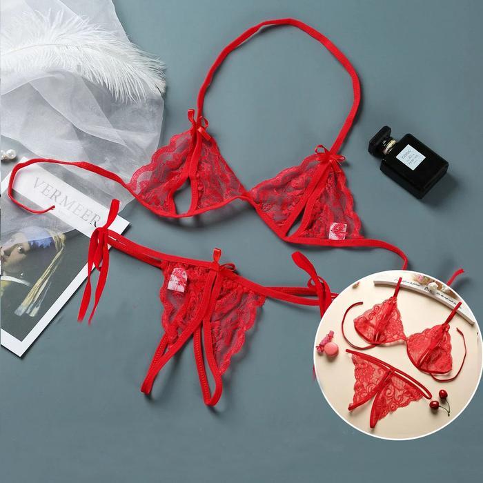 Bra Set Open G String Lingerie Wanita Renda Bra Transparan Merah
