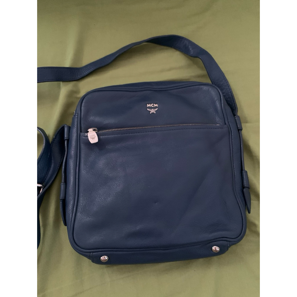 Blue Leather Crossbody Messenger Bag