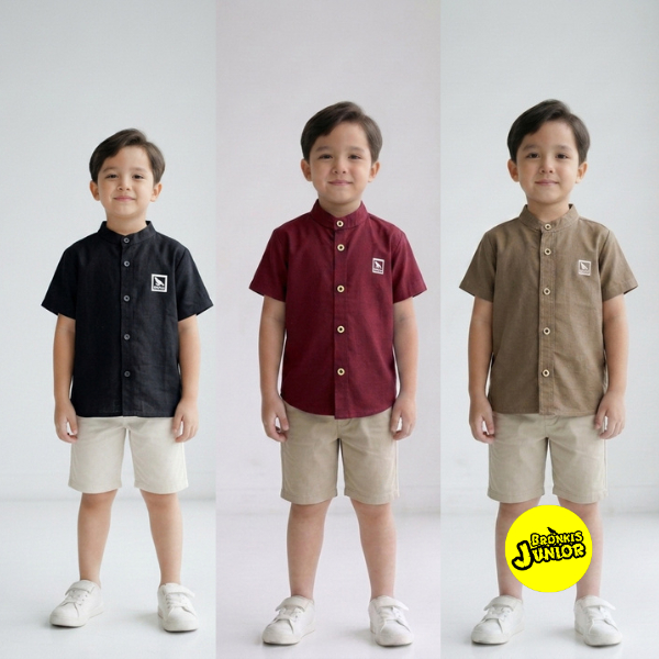 Bronkis Junior Kemeja Koko Anak Laki Laki Lengan Pendek Linen Polos Usia 0-10 Tahun Kids Fashion