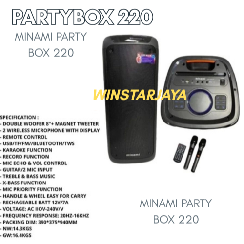 Minami Speaker Aktif Partybox 220 free mic wireless 2x