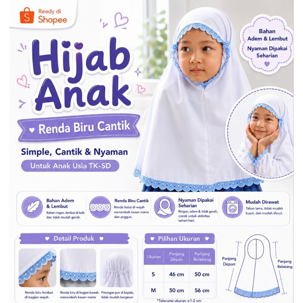 Bergo Hijab Instan Kerudung TK SD Renda Biru