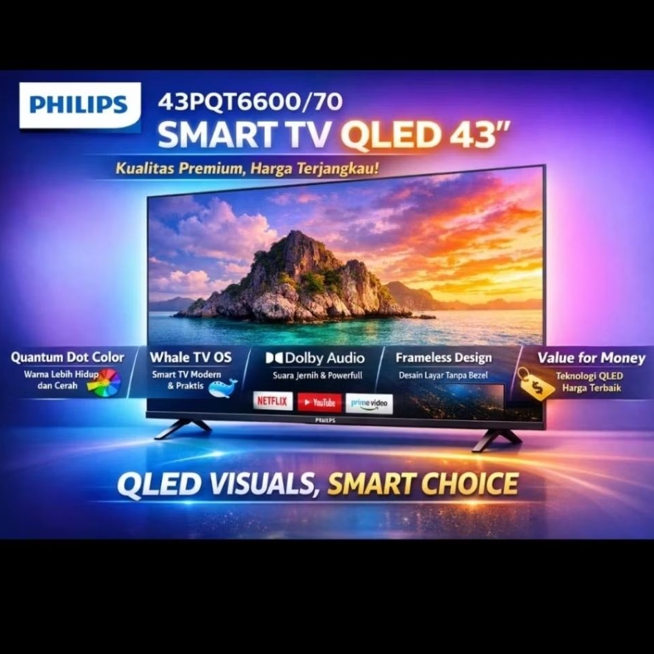 (KHUSUS JOGJA) Philips 43 inch Smart TV QLED 4K UHD 43PQT6600/70 G00gle TV Resmi Garansi