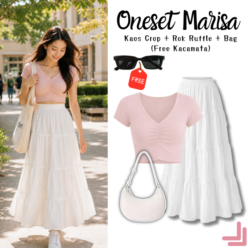 One Set Marisa Wanita Korean Look (Kaos Crop Euna,Rok Rufle,Bag) Outfit Wanita Cantik Kekinian ST-83