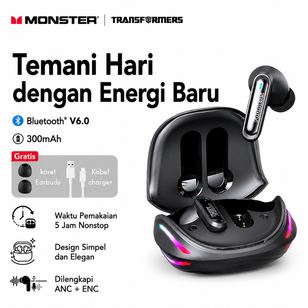 Monster x Transformers T10 Pro Headset Gaming Bluetooth V6.0 Low Delay