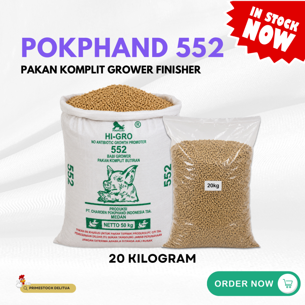 Pakan Babi 552 Pokphand Repack 20 Kilogram Pakan Komplit Grower Finisher Tanpa AGP Nutrisi Lengkap