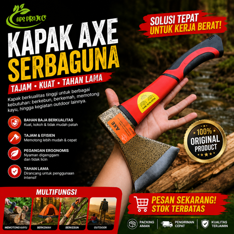 Kapak Cap Mata Original Carl schlieper AXE - Kapak Belah Kayu Gagang Fiber Cap Tiga Mata Brand
