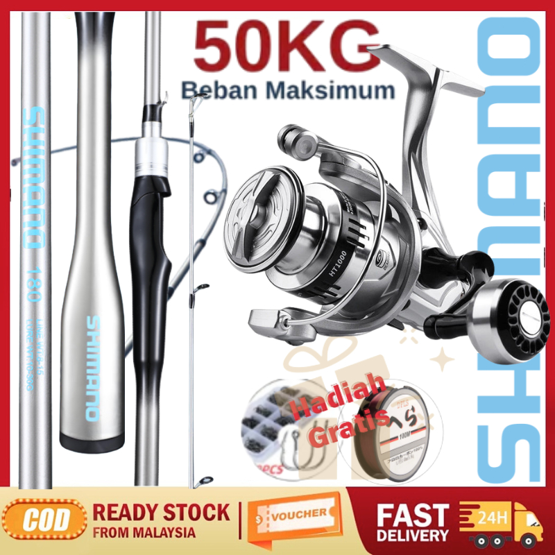 Joran Pancing Portabel Fiber + Reel Spinning - Set Kombo Pancing Udang Lengkap - Bonus Senar & Kail 