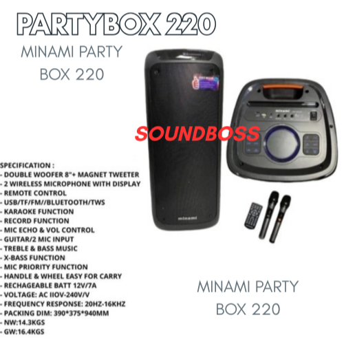 Minami Speaker Aktif Partybox 220 free mic wireless 2x