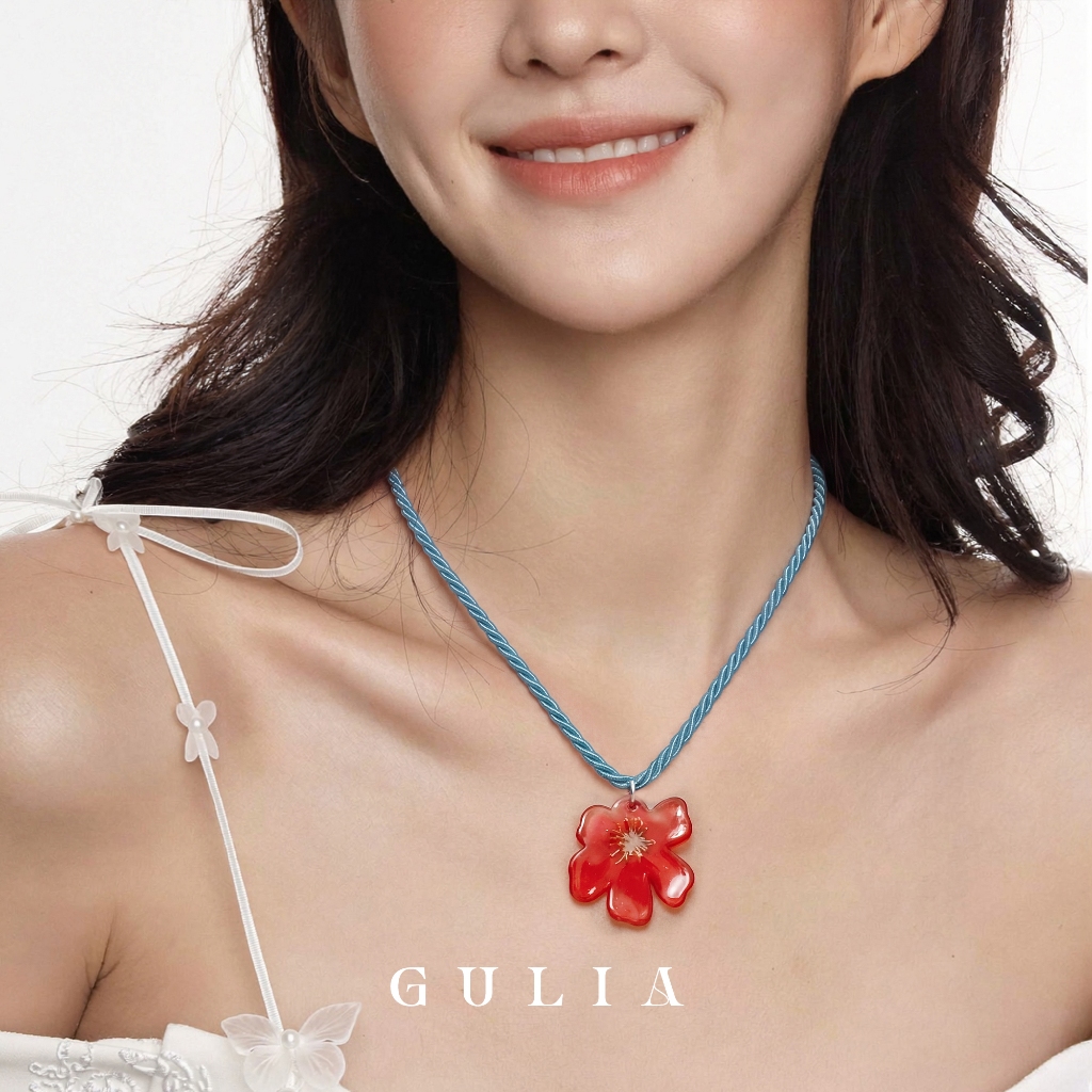 Gulia Kalung Bunga Merah Gaya Korea | Desain Tali Warna-warni Cocok untuk Musim Panas
