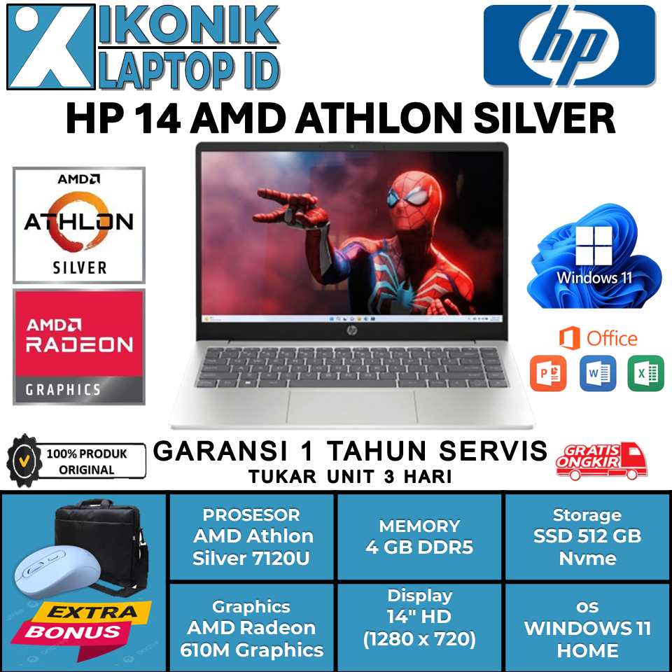 Laptop Gaming HP 14 AMD Athlon Silver Ssd 512 GB Window 11 Original Baru
