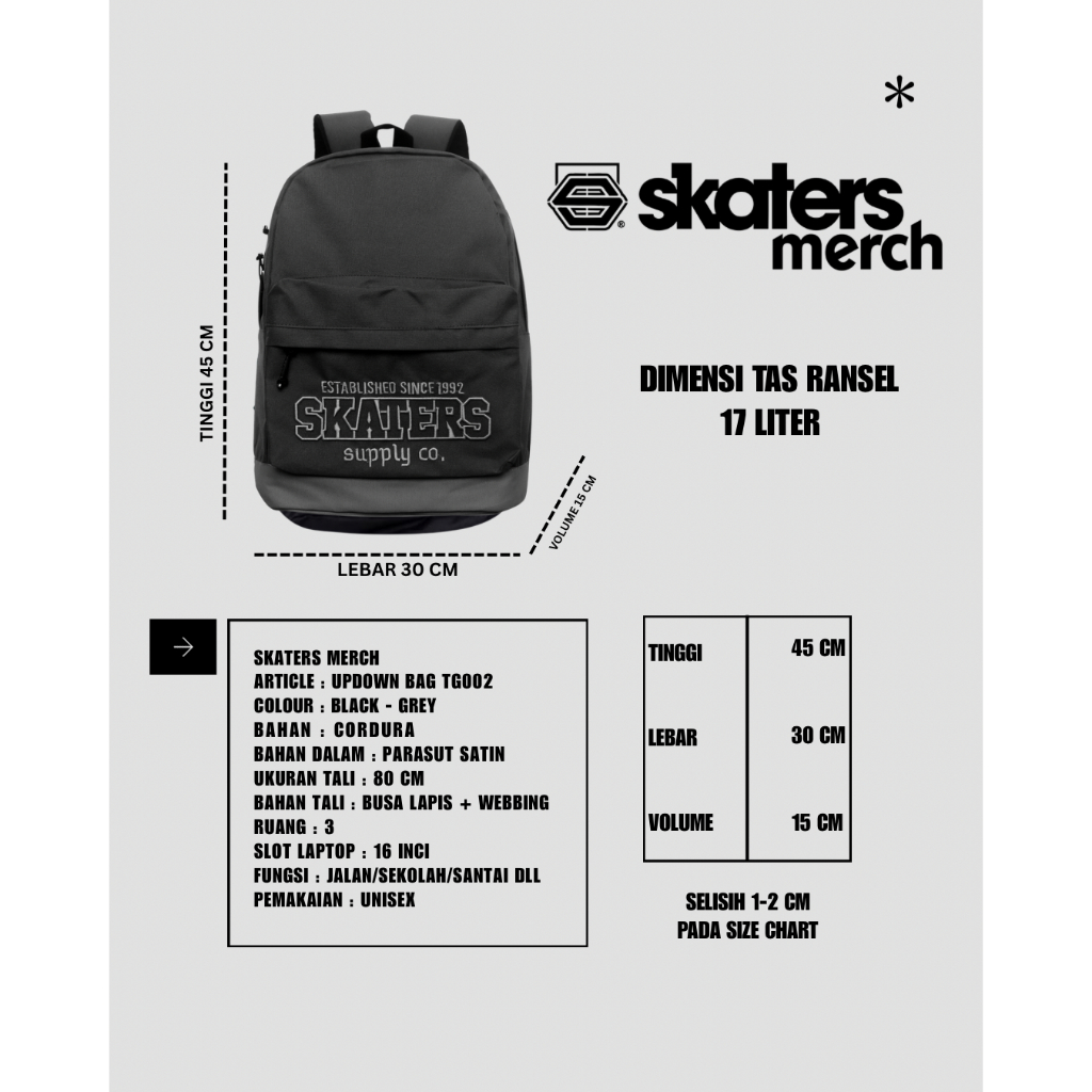 SKATERS - Tas Ransel Pria Wanita Branded Original Distro Keren Berkualitas Premium Backpack Gendong 