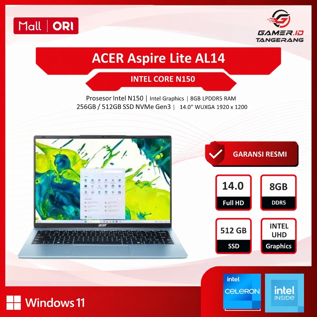 ACER Aspire Lite AL14 Intel N150 8GB 256GB / 512GB Windows 11 + OHS - Pink Silver Blue