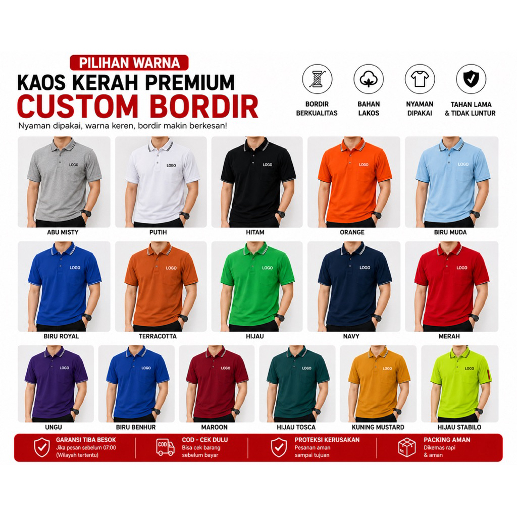 Bordir Custom Kaos Kerah / Bordir Custom Kaos Kerah Premium / Custom Bordir Cotton Lakos| Seragam Sa