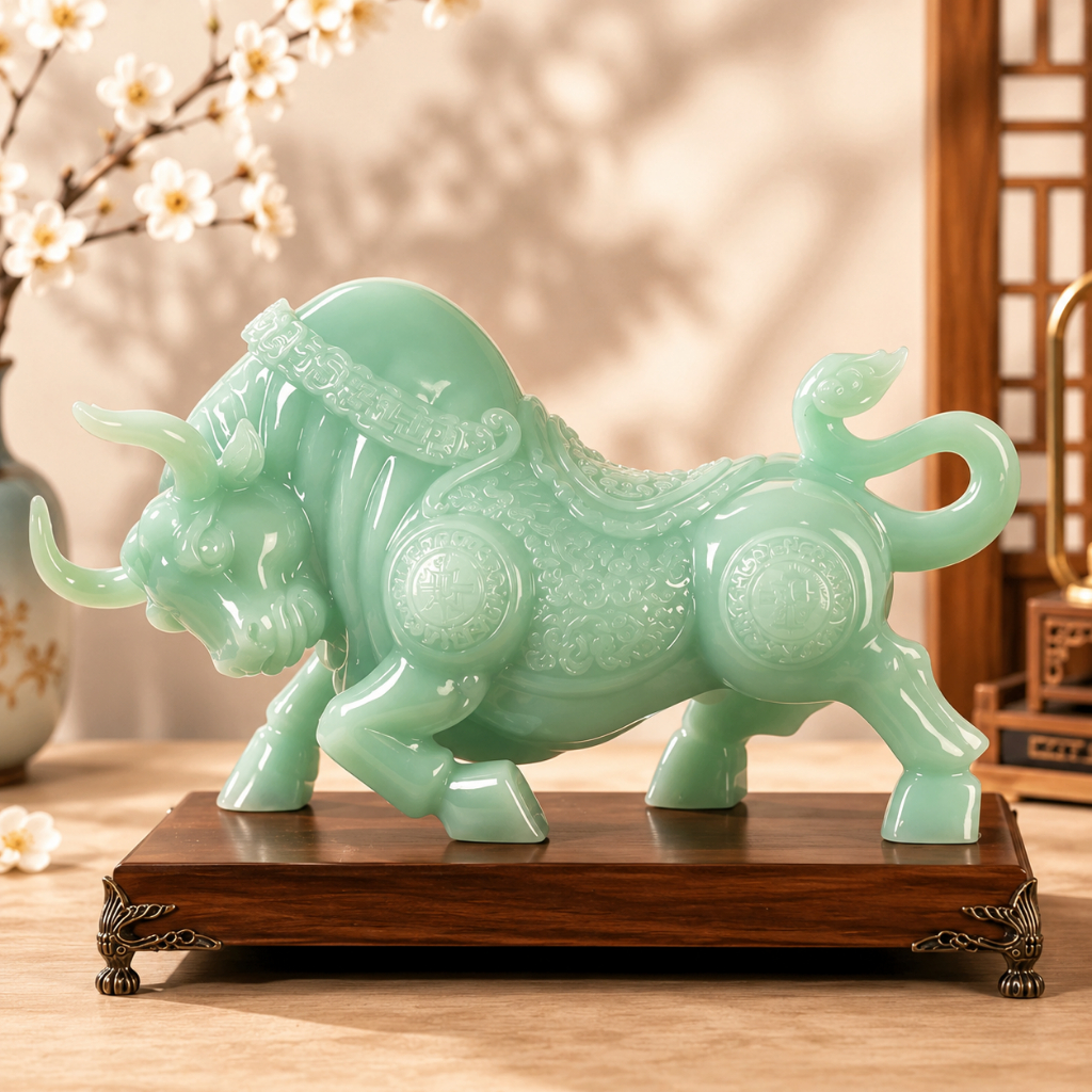 40cm Patung Emas Shio Kerbau Giok Emas Yuanbao Fengshui / Pajangan Shio Kerbau Kayu / Dekorasi Rumah