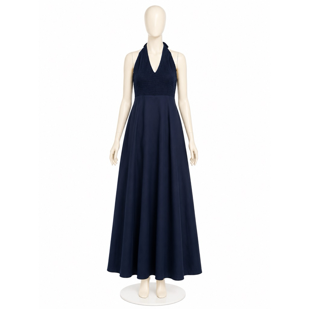 Long dress gaun panjang baju pantai Navy smocked dress preloved pl