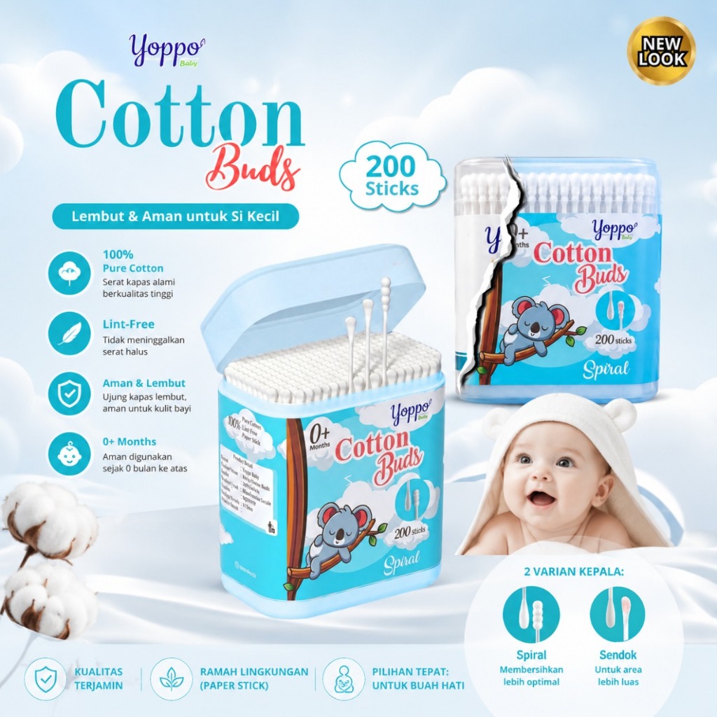 Yoppo Baby Cotton Buds Bayi / Cotton Bud Spiral / Cotton Bud Sendok / Kapas Pembersih Telinga