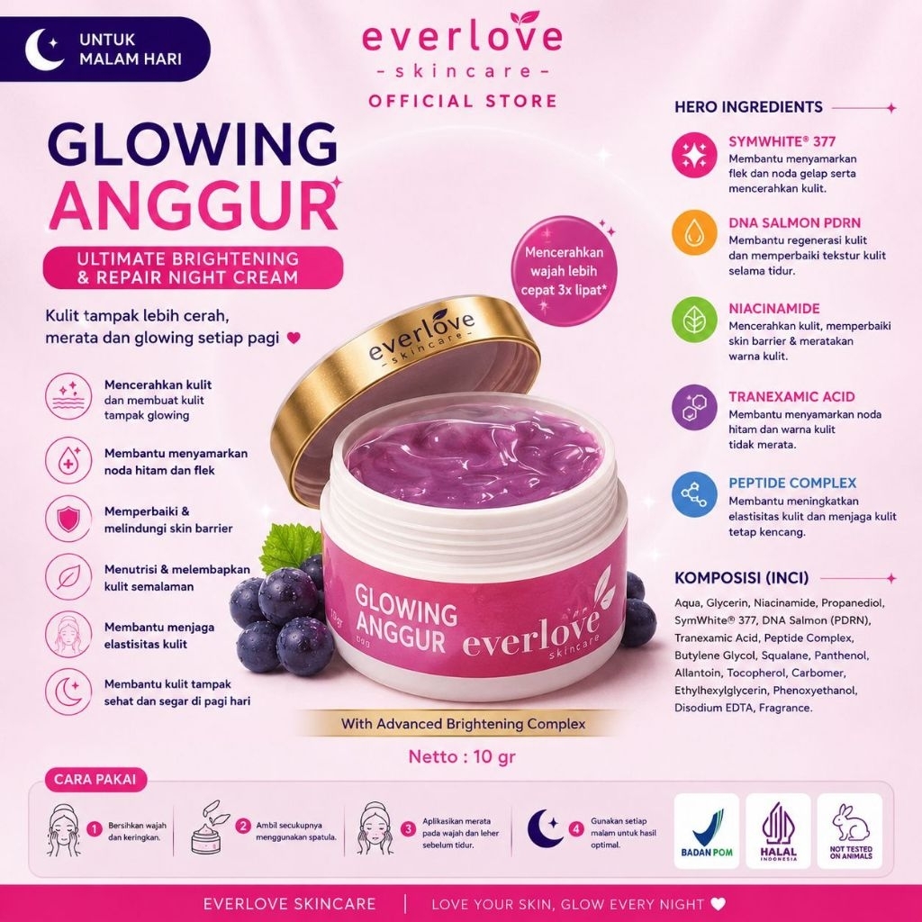 Everlove Glow with Grape Extract Night Cream, Krim Malam Anggur Whitening Glowing (aman bumil)