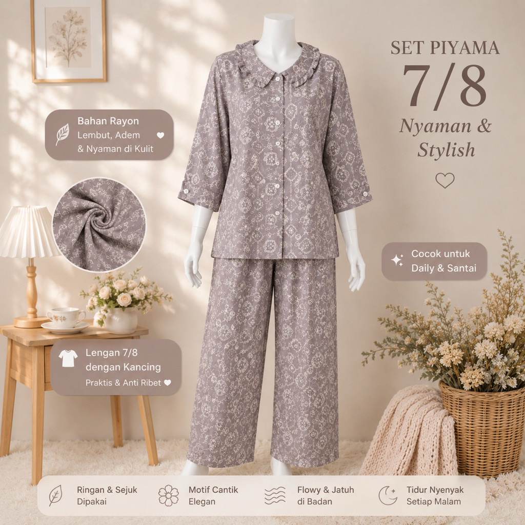 STELAN ABG RAYON SIE LIE CP LENGAN 7/8 | BAJU TIDUR SIE LIE | PIYAMA | COD
