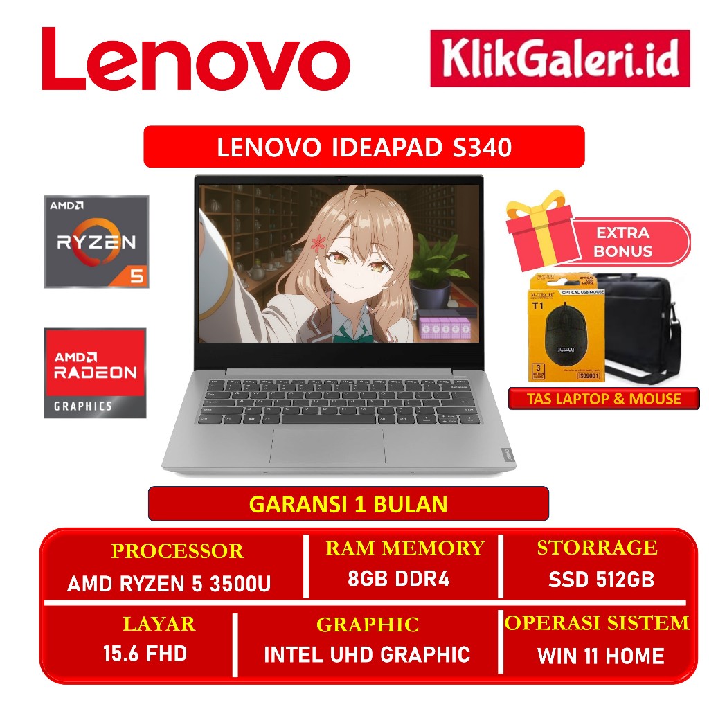 Laptop Slim Second Lenovo IdeaPad S340 Ryzen 5 3500U RAM 8GB SSD Layar 14 Inch Murah Siap Pakai