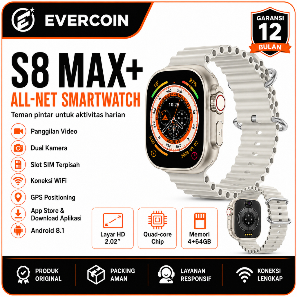 EVERCOIN S8 MAX+ Smartwatch SIM Card WiFi Android 4+64GB Video Call GPS NFC APP Store Jam Tangan Pin