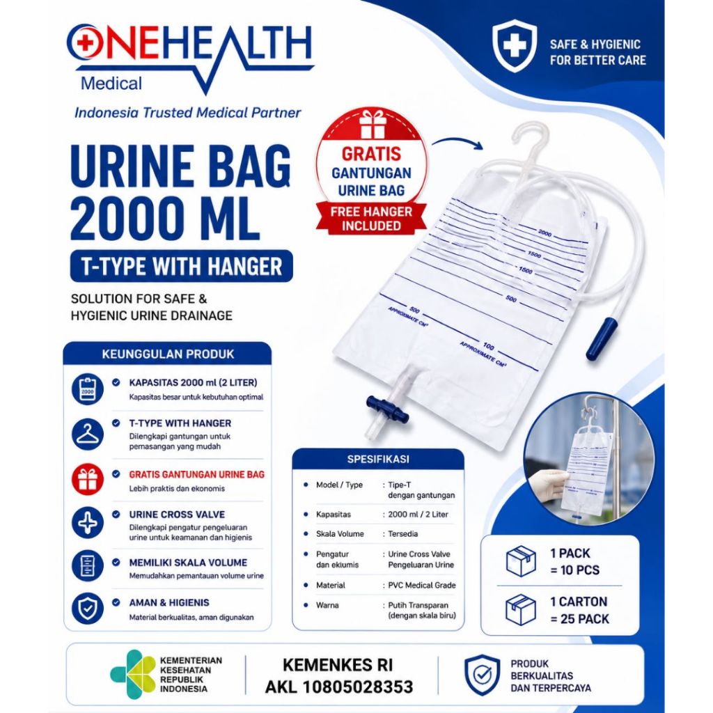 Urine Bag T Valve 2000ml / Kantong Urin Onehealth / Urine Bag Type T With Hanger