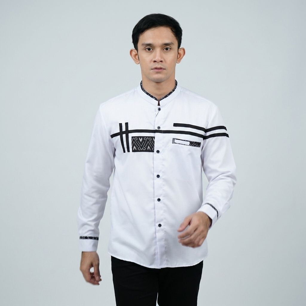 Elrumi Baju Koko Pria Lengan Panjang Motif Zholed Warna Putih Kombinasi List Hitam