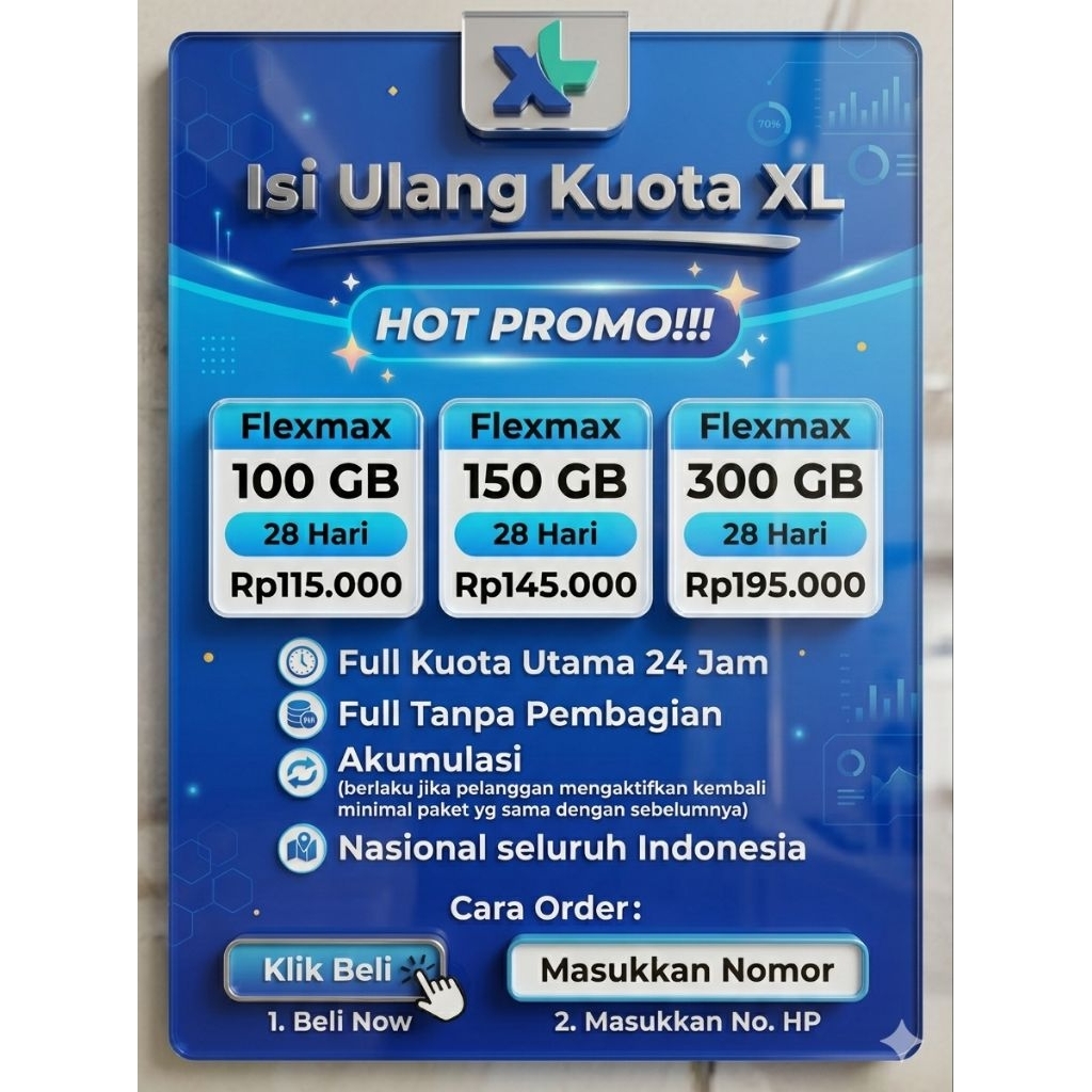 HOT PROMO GARANSI TERBAIK ISI ULANG K U O T A XL FLEXMAX PROMO 100 | 150 | 300 GB TERMURAH TERLARIS 