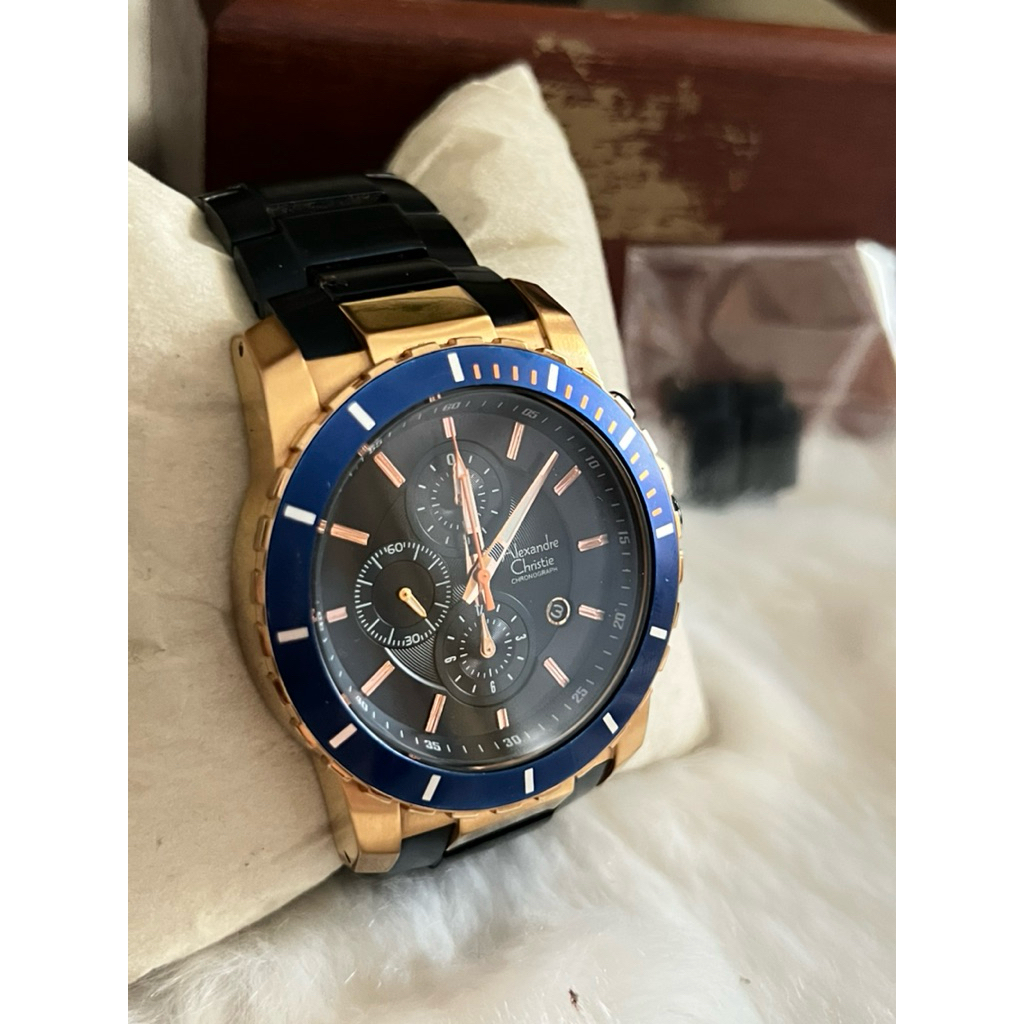 Dijual Jam Tangan Mewah Alexandre Christie, AC 6141 MC Navy Rosegold Rantai