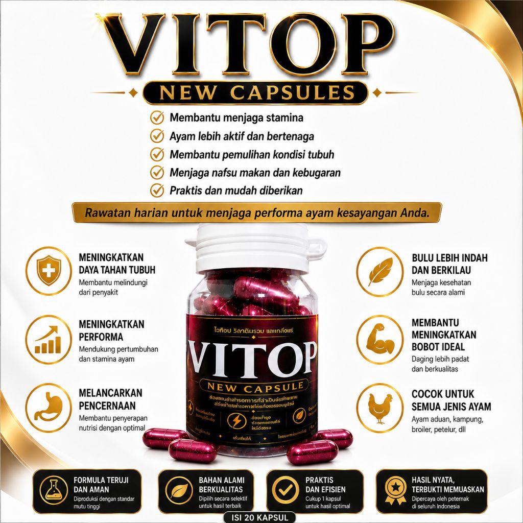 VITOP ORIGINAL VITAMIN ISI 20 KAPSUL NEW FORMULA VITOP MENAMBAH STAMINA AYAM ADUAN 100% ORI THAILAND