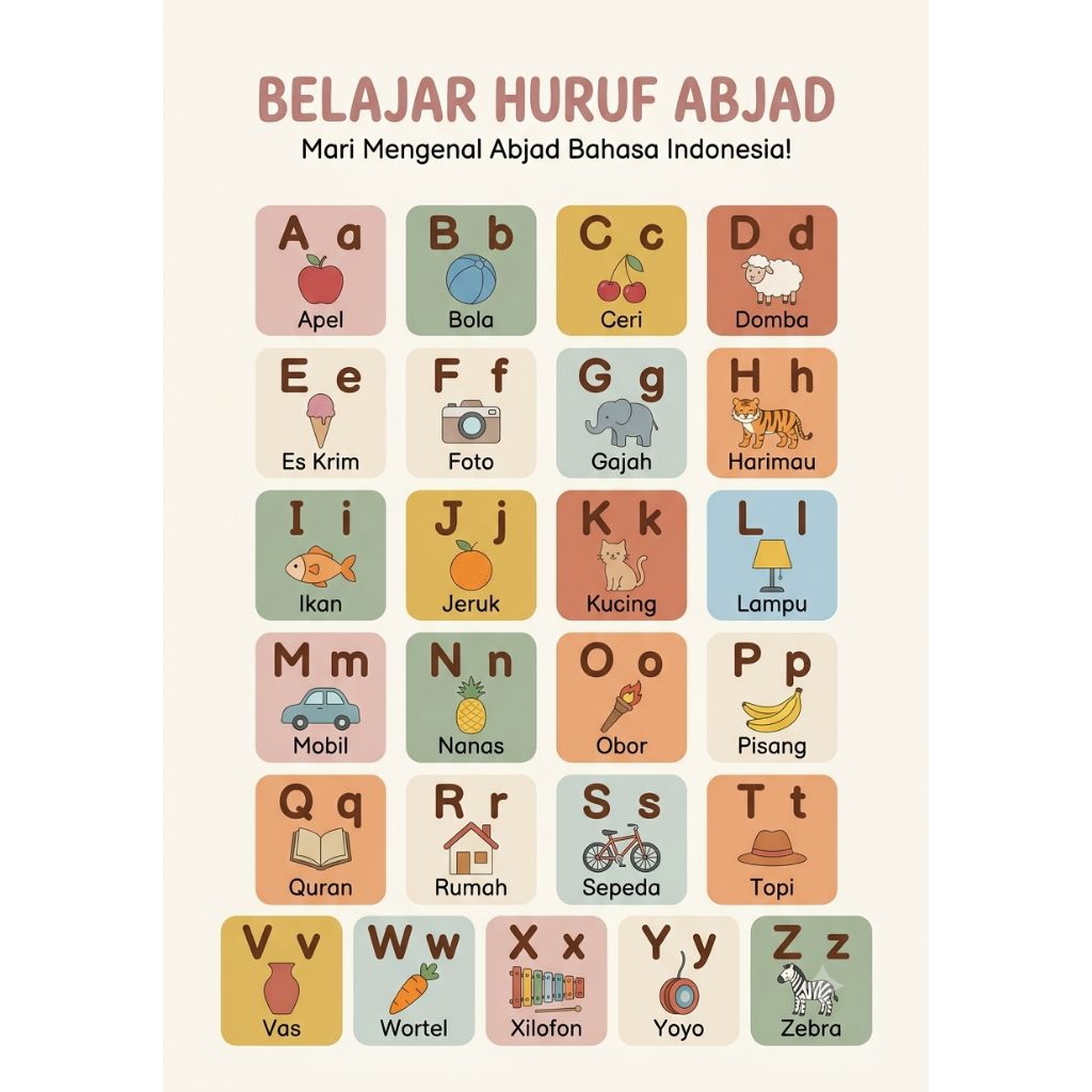 Poster Edukasi Anak Premium A3 | Poster Edukasi Aesthetic | Abjad Hijaiyah Angka Warna Hewan | Dekor