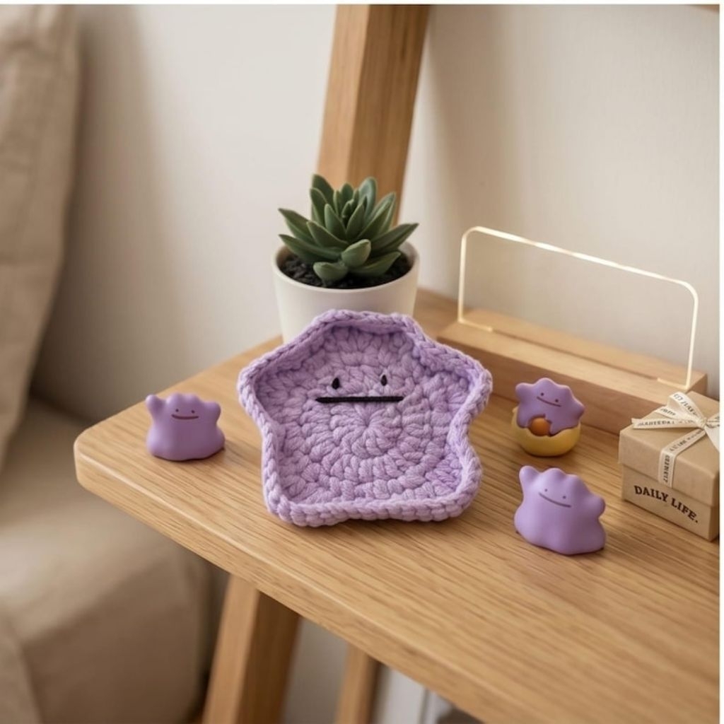 Ditto Pokemon Reusable SET Cute Crochet Coaster Handmade Tatakan Cup Gelas Rajut Estetik Lucu Kado H